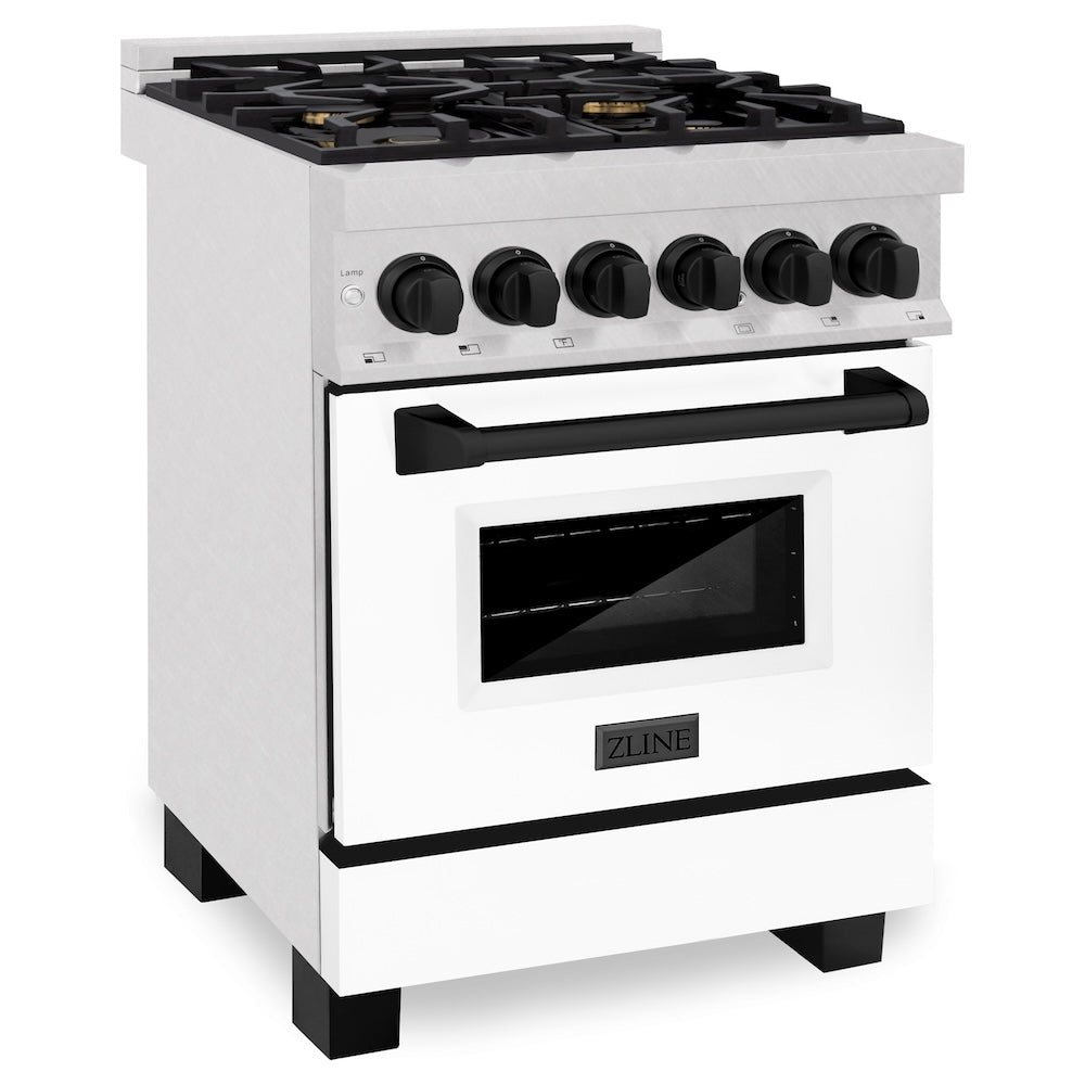 ZLINE Autograph Edition 24 in. 2.8 cu. ft. Legacy Dual Fuel Range with 4 Burner Gas Cooktop and Electric Convection Oven in Satin Stainless Steel with White Matte Door and Matte Black Accents, Open Box-Excellent Condition