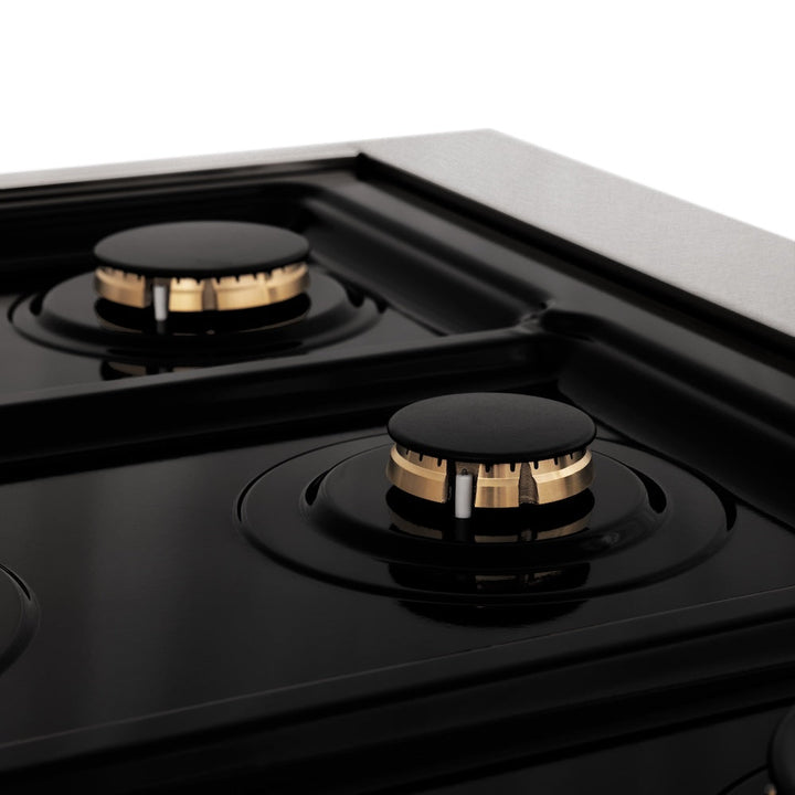 ZLINE Autograph Edition 30 in. 4.0 cu. ft. Legacy Dual Fuel Range with 4 Burner Gas Cooktop and Electric Convection Oven in Satin Stainless Steel with White Matte Door and Polished Gold Accents (RASZ-WM-30-G)