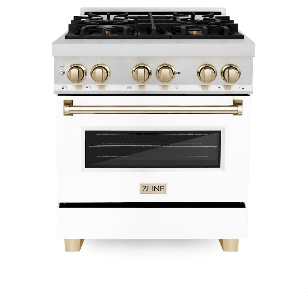 ZLINE Autograph Edition 30 in. 4.0 cu. ft. Legacy Dual Fuel Range with 4 Burner Gas Cooktop and Electric Convection Oven in Satin Stainless Steel with White Matte Door and Polished Gold Accents (RASZ-WM-30-G)