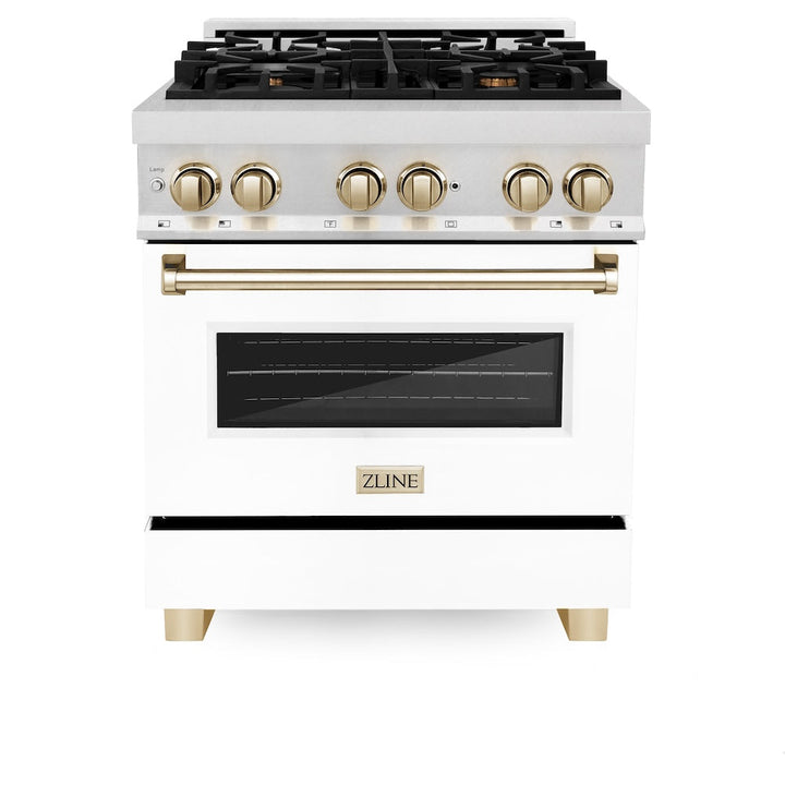 ZLINE Autograph Edition 30 in. 4.0 cu. ft. Legacy Dual Fuel Range with 4 Burner Gas Cooktop and Electric Convection Oven in Satin Stainless Steel with White Matte Door and Polished Gold Accents (RASZ-WM-30-G)