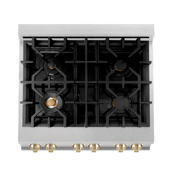 ZLINE Autograph Edition 30 in. 4.0 cu. ft. Legacy Dual Fuel Range with 4 Burner Gas Cooktop and Electric Convection Oven in Satin Stainless Steel with White Matte Door and Polished Gold Accents (RASZ-WM-30-G)