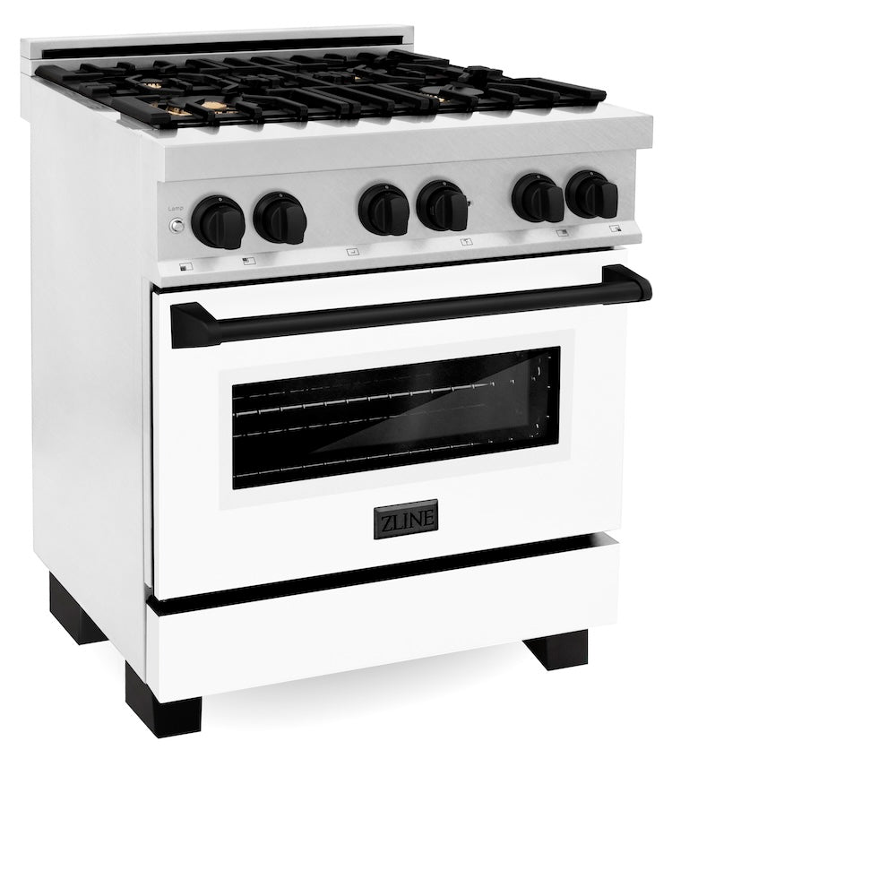 ZLINE Autograph Edition 30 in. 4.0 cu. ft. Legacy Dual Fuel Range with 4 Burner Gas Cooktop and Electric Convection Oven in Satin Stainless Steel with White Matte Door and Matte Black Accents (RASZ-WM-30-MB)