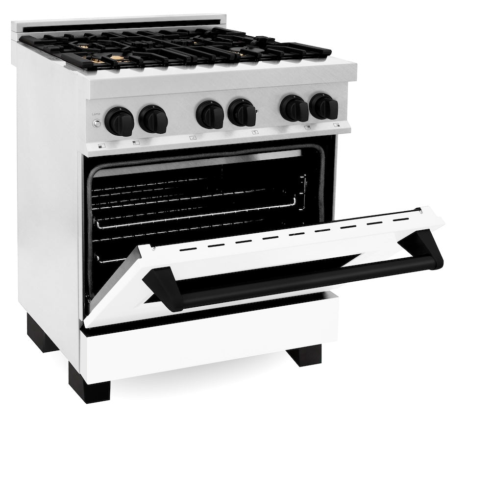 ZLINE Autograph Edition 30 in. 4.0 cu. ft. Legacy Dual Fuel Range with 4 Burner Gas Cooktop and Electric Convection Oven in Satin Stainless Steel with White Matte Door and Matte Black Accents (RASZ-WM-30-MB)