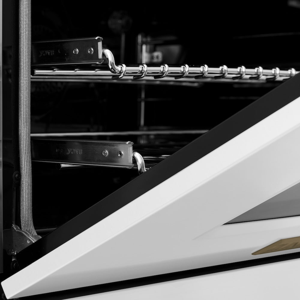 ZLINE Autograph Edition 36 in. 4.6 cu. ft. Legacy Dual Fuel Range with 6 Burner Gas Cooktop and Electric Convection Oven in Satin Stainless Steel with White Matte Door and Champagne Bronze Accents (RASZ-WM-36-CB)