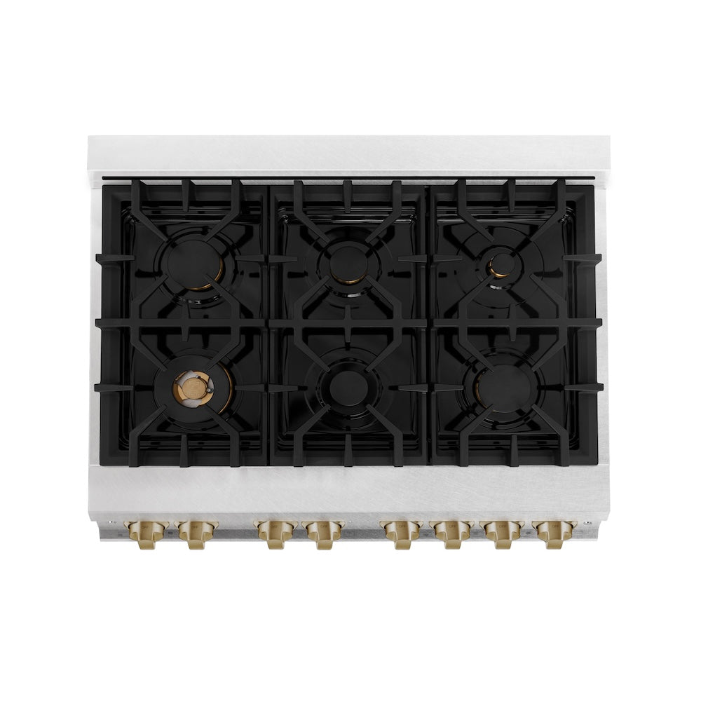 ZLINE Autograph Edition 36 in. 4.6 cu. ft. Legacy Dual Fuel Range with 6 Burner Gas Cooktop and Electric Convection Oven in Satin Stainless Steel with White Matte Door and Champagne Bronze Accents (RASZ-WM-36-CB)