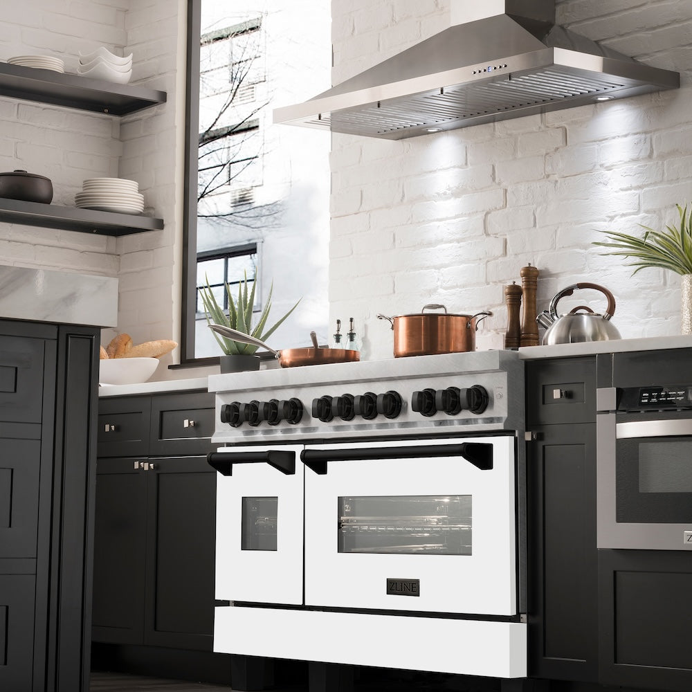 ZLINE Autograph Edition 48 in. 6.0 cu. ft. Legacy Dual Fuel Range with 7 Burner Gas Cooktop and 2 Electric Ovens in Satin Stainless Steel with White Matte Doors and Matte Black Accents (RASZ-WM-48-MB)