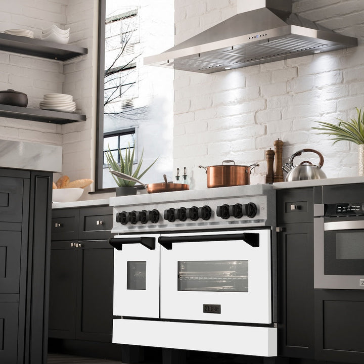 ZLINE Autograph Edition 48 in. 6.0 cu. ft. Legacy Dual Fuel Range with 7 Burner Gas Cooktop and 2 Electric Ovens in Satin Stainless Steel with White Matte Doors and Matte Black Accents (RASZ-WM-48-MB)