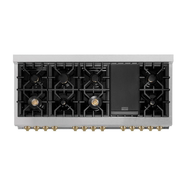 ZLINE Autograph Edition 60 in. 7.4 cu. ft. Legacy Dual Fuel Range with 9 Burner Gas Cooktop and 2 Electric Convection Ovens in Satin Stainless Steel with White Matte Doors and Champagne Bronze Accents (RASZ-WM-60-CB)