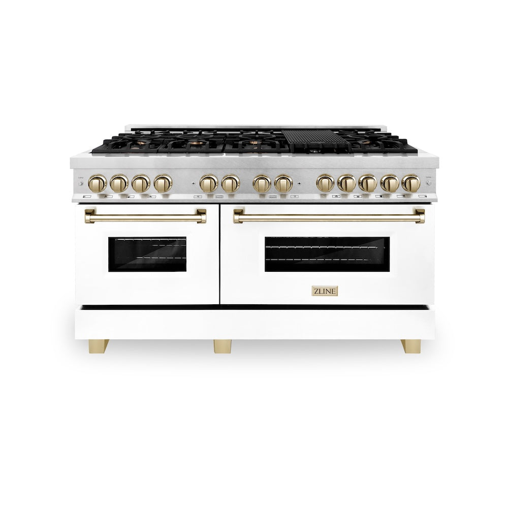 ZLINE Autograph Edition 60 in. 7.4 cu. ft. Legacy Dual Fuel Range with 9 Burner Gas Cooktop and 2 Electric Convection Ovens in Satin Stainless Steel with White Matte Doors and Polished Gold Accents (RASZ-WM-60-G)