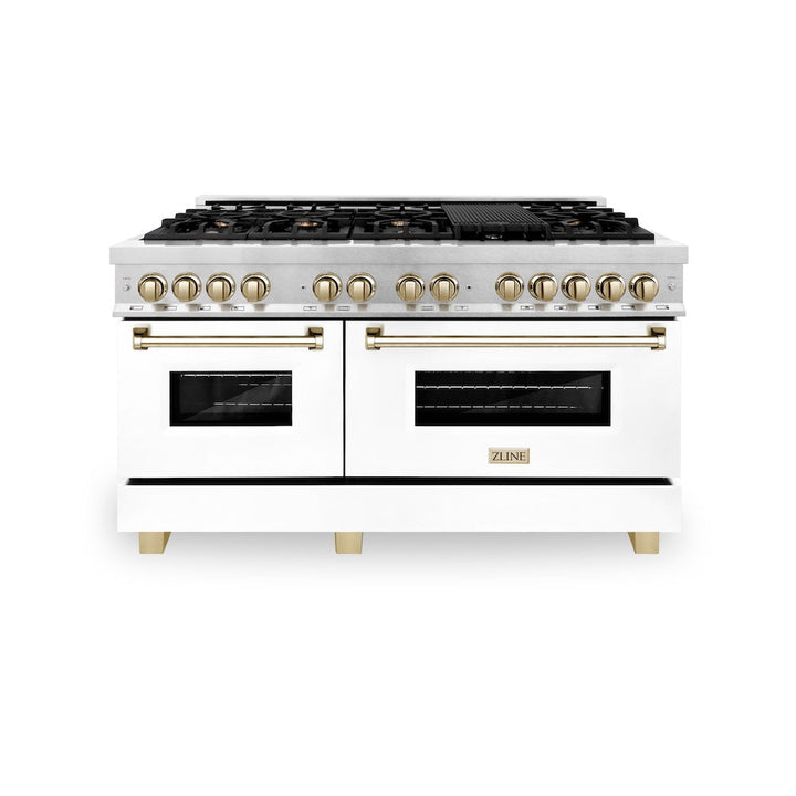 ZLINE Autograph Edition 60 in. 7.4 cu. ft. Legacy Dual Fuel Range with 9 Burner Gas Cooktop and 2 Electric Convection Ovens in Satin Stainless Steel with White Matte Doors and Polished Gold Accents (RASZ-WM-60-G)