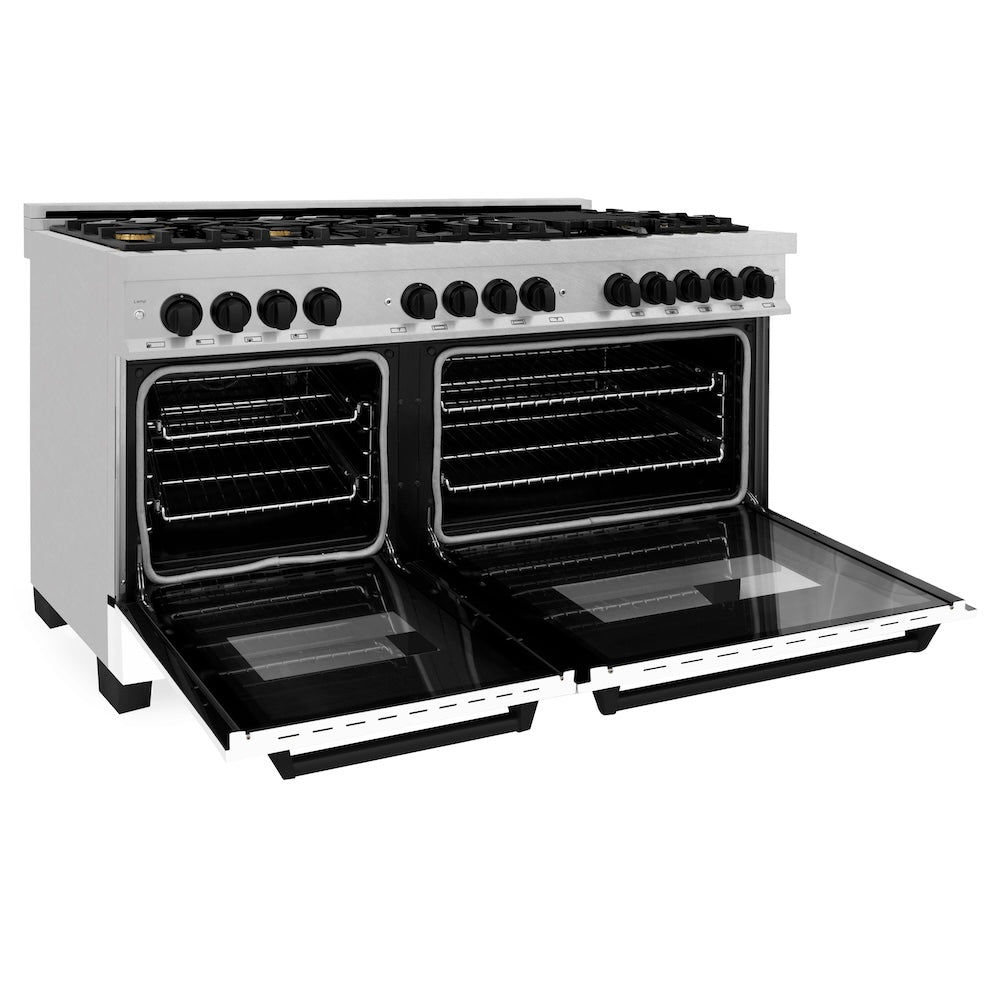 ZLINE Autograph Edition 60 in. 7.4 cu. ft. Legacy Dual Fuel Range with 9 Burner Gas Cooktop and 2 Electric Convection Ovens in Satin Stainless Steel with White Matte Doors and Matte Black Accents (RASZ-WM-60-MB)