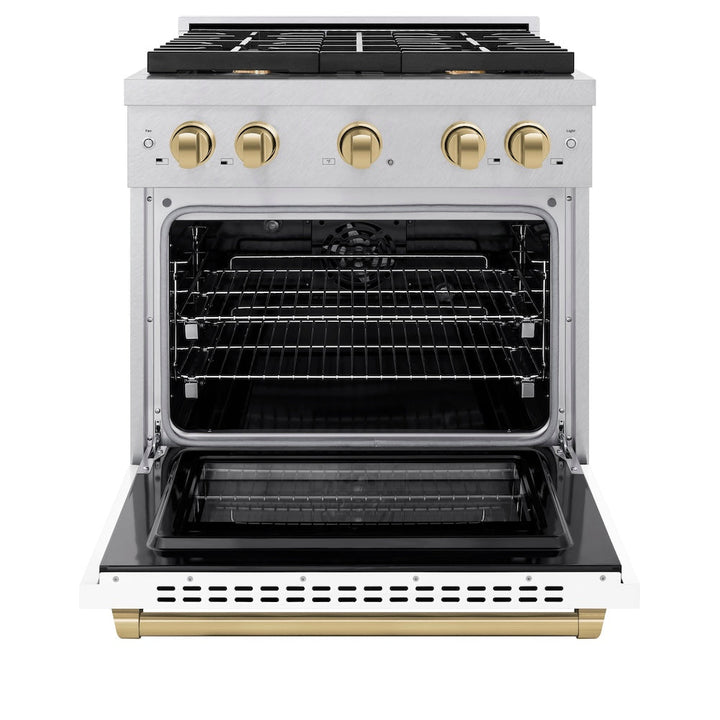 ZLINE Autograph Edition 30 in. 4.2 cu. ft. Paramount Dual Fuel Range with 4 Burner Gas Cooktop and Electric Convection Oven in Satin Stainless Steel with White Matte Door and Champagne Bronze Accents (SDRSZ-WM-30-CB)