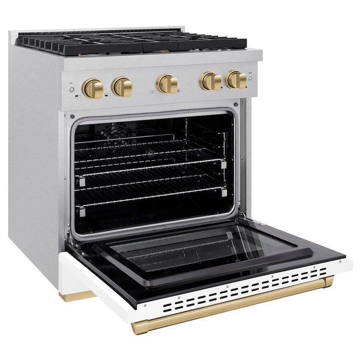 ZLINE Autograph Edition 30 in. 4.2 cu. ft. Paramount Dual Fuel Range with 4 Burner Gas Cooktop and Electric Convection Oven in Satin Stainless Steel with White Matte Door and Champagne Bronze Accents (SDRSZ-WM-30-CB)