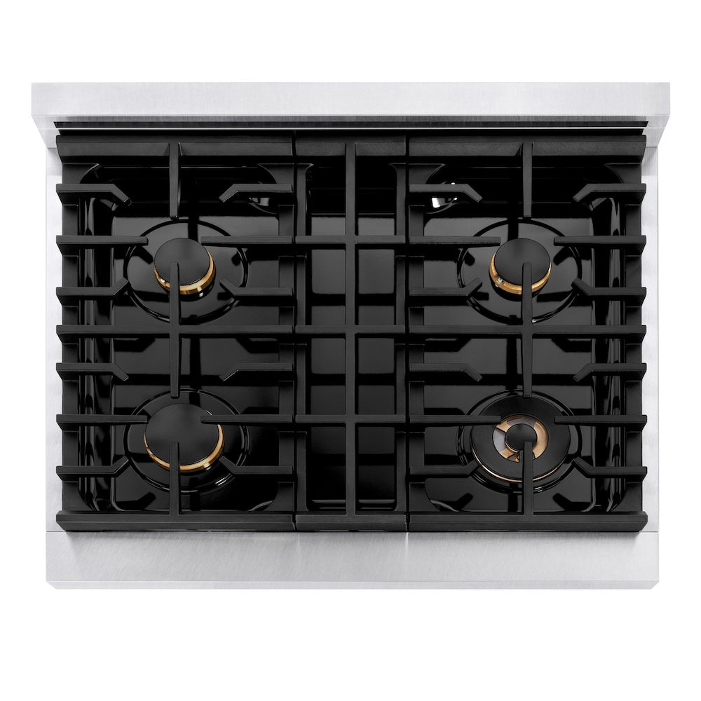 ZLINE Autograph Edition 30 in. 4.2 cu. ft. Paramount Dual Fuel Range with 4 Burner Gas Cooktop and Electric Convection Oven in Satin Stainless Steel with White Matte Door and Champagne Bronze Accents (SDRSZ-WM-30-CB)