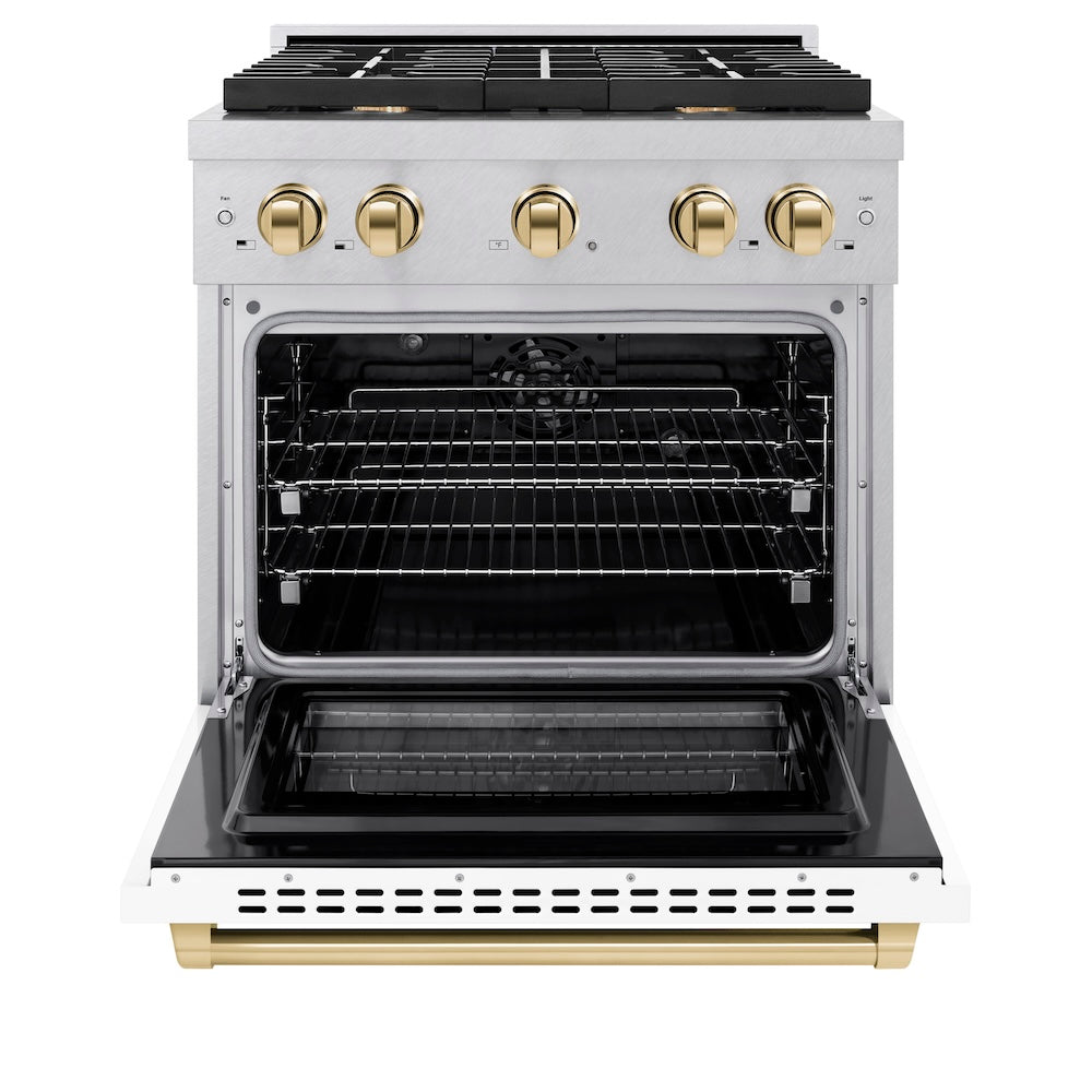 ZLINE Autograph Edition 30 in. 4.2 cu. ft. Paramount Dual Fuel Range with 4 Burner Gas Cooktop and Electric Convection Oven in Satin Stainless Steel with White Matte Door and Polished Gold Accents (SDRSZ-WM-30-G)