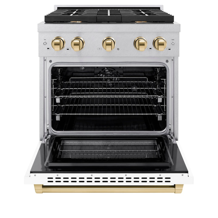 ZLINE Autograph Edition 30 in. 4.2 cu. ft. Paramount Dual Fuel Range with 4 Burner Gas Cooktop and Electric Convection Oven in Satin Stainless Steel with White Matte Door and Polished Gold Accents (SDRSZ-WM-30-G)