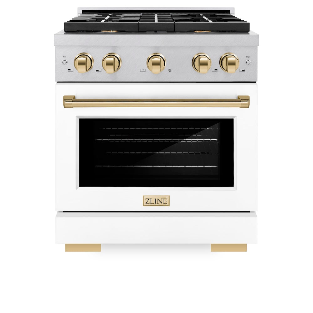 ZLINE Autograph Edition 30 in. 4.2 cu. ft. Paramount Dual Fuel Range with 4 Burner Gas Cooktop and Electric Convection Oven in Satin Stainless Steel with White Matte Door and Polished Gold Accents (SDRSZ-WM-30-G)