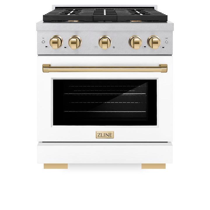 ZLINE Autograph Edition 30 in. 4.2 cu. ft. Paramount Dual Fuel Range with 4 Burner Gas Cooktop and Electric Convection Oven in Satin Stainless Steel with White Matte Door and Polished Gold Accents (SDRSZ-WM-30-G)