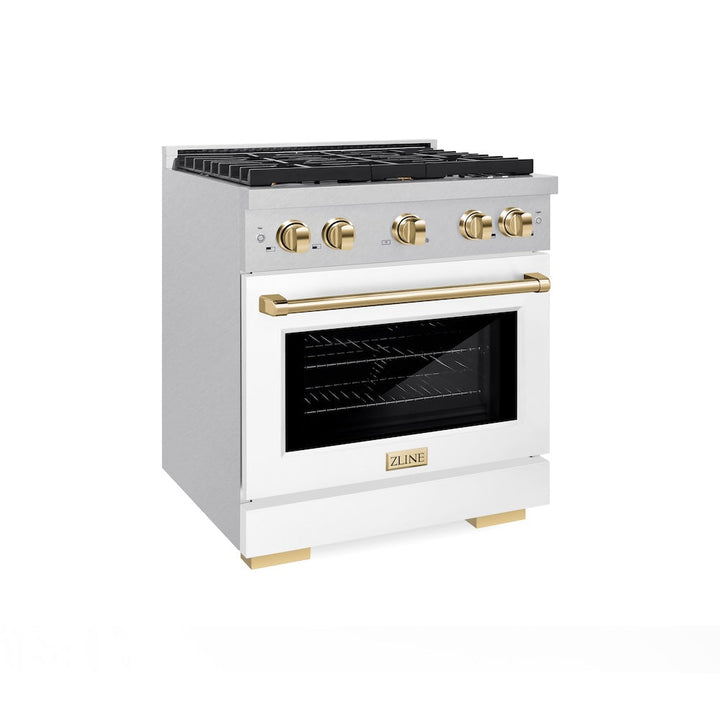ZLINE Autograph Edition 30 in. 4.2 cu. ft. Paramount Dual Fuel Range with 4 Burner Gas Cooktop and Electric Convection Oven in Satin Stainless Steel with White Matte Door and Polished Gold Accents (SDRSZ-WM-30-G)