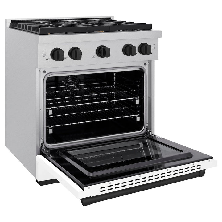 ZLINE Autograph Edition 30 in. 4.2 cu. ft. Paramount Dual Fuel Range with 4 Burner Gas Cooktop and Electric Convection Oven in Satin Stainless Steel with White Matte Door and Matte Black Accents (SDRSZ-WM-30-MB)