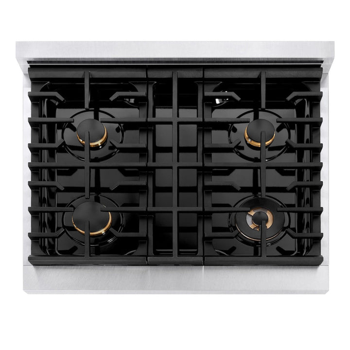 ZLINE Autograph Edition 30 in. 4.2 cu. ft. Paramount Dual Fuel Range with 4 Burner Gas Cooktop and Electric Convection Oven in Satin Stainless Steel with White Matte Door and Matte Black Accents (SDRSZ-WM-30-MB)