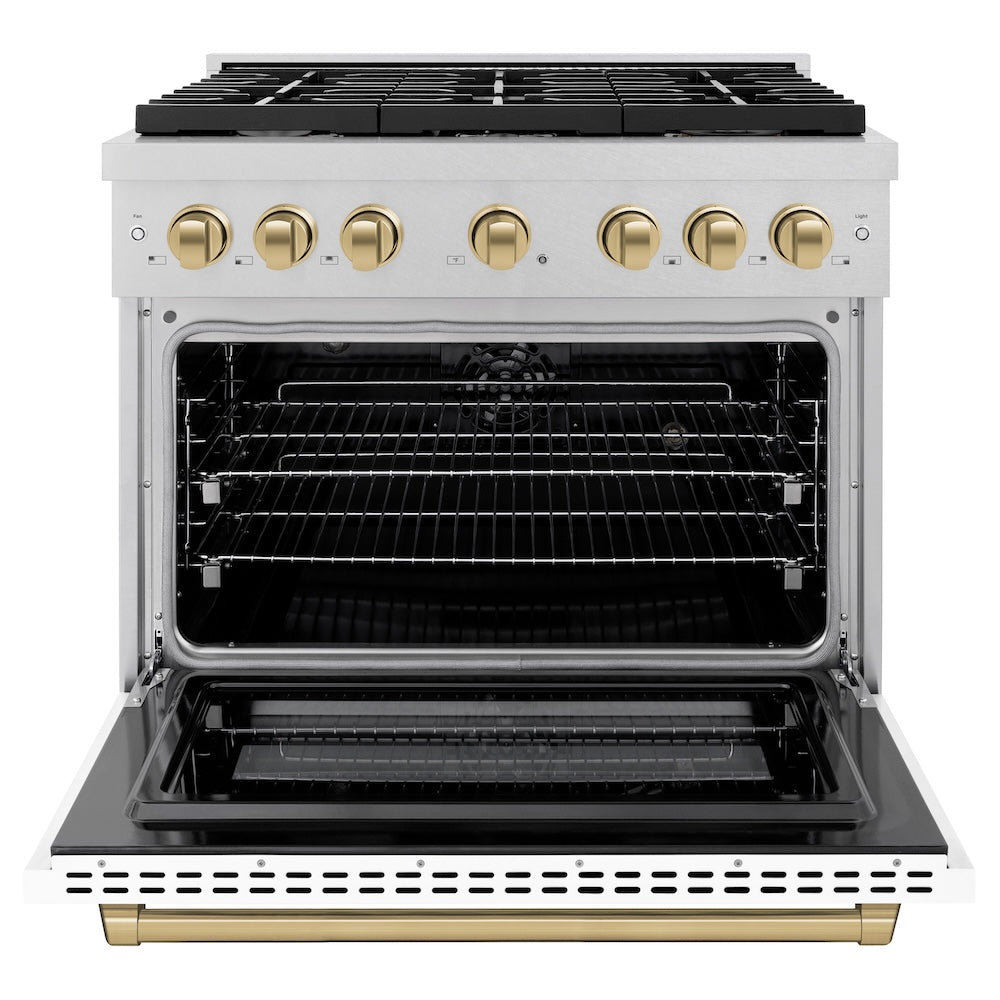ZLINE Autograph Edition 36 in. 5.2 cu. ft. Paramount Dual Fuel Range with 6 Burner Gas Cooktop and Electric Convection Oven in Satin Stainless Steel with White Matte Door and Champagne Bronze Accents (SDRSZ-WM-36-CB)