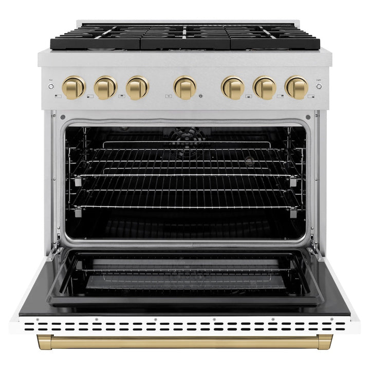 ZLINE Autograph Edition 36 in. 5.2 cu. ft. Paramount Dual Fuel Range with 6 Burner Gas Cooktop and Electric Convection Oven in Satin Stainless Steel with White Matte Door and Champagne Bronze Accents (SDRSZ-WM-36-CB)