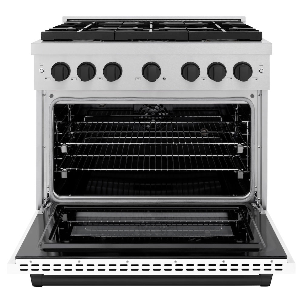 ZLINE Autograph Edition 36 in. 5.2 cu. ft. Paramount Dual Fuel Range with 6 Burner Gas Cooktop and Electric Convection Oven in Satin Stainless Steel with White Matte Door and Matte Black Accents (SDRSZ-WM-36-MB)