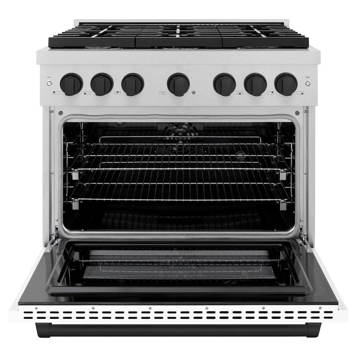 ZLINE Autograph Edition 36 in. 5.2 cu. ft. Paramount Dual Fuel Range with 6 Burner Gas Cooktop and Electric Convection Oven in Satin Stainless Steel with White Matte Door and Matte Black Accents (SDRSZ-WM-36-MB)
