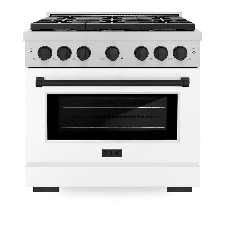 ZLINE Autograph Edition 36 in. 5.2 cu. ft. Paramount Dual Fuel Range with 6 Burner Gas Cooktop and Electric Convection Oven in Satin Stainless Steel with White Matte Door and Matte Black Accents (SDRSZ-WM-36-MB)