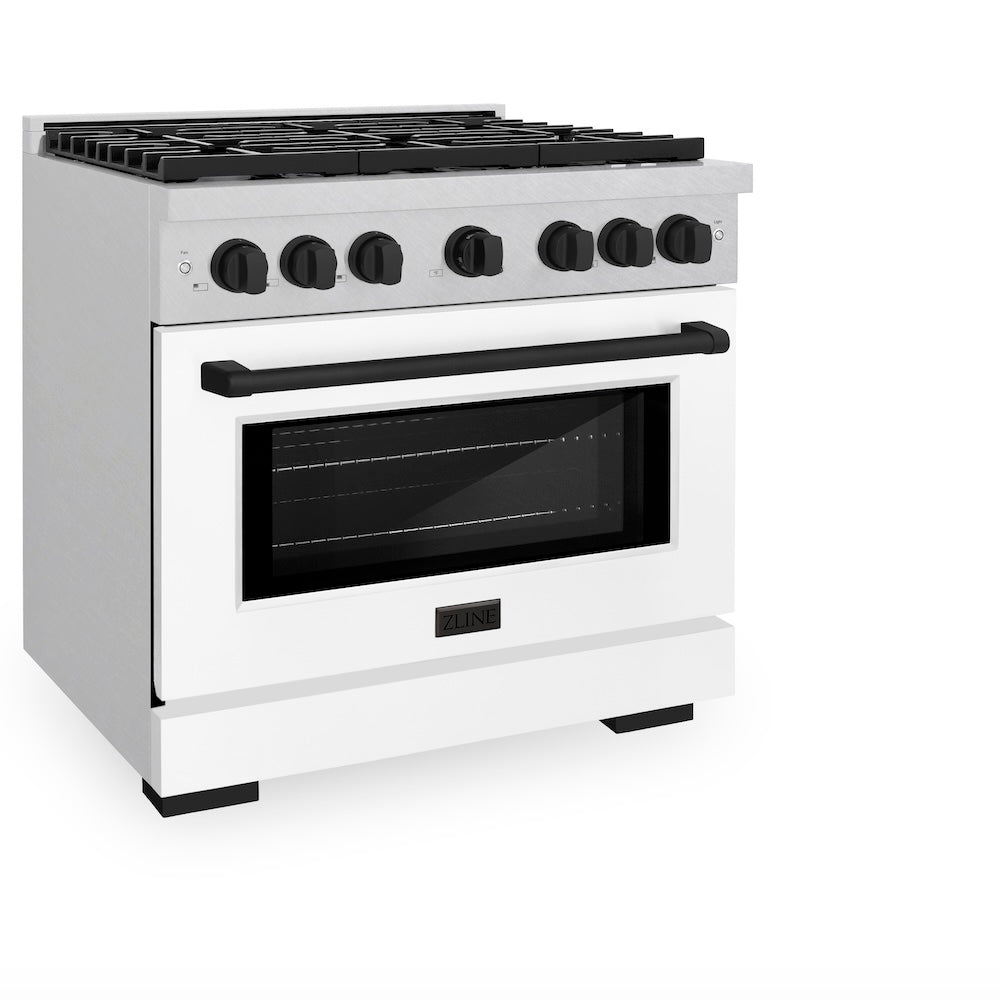 ZLINE Autograph Edition 36 in. 5.2 cu. ft. Paramount Dual Fuel Range with 6 Burner Gas Cooktop and Electric Convection Oven in Satin Stainless Steel with White Matte Door and Matte Black Accents (SDRSZ-WM-36-MB)