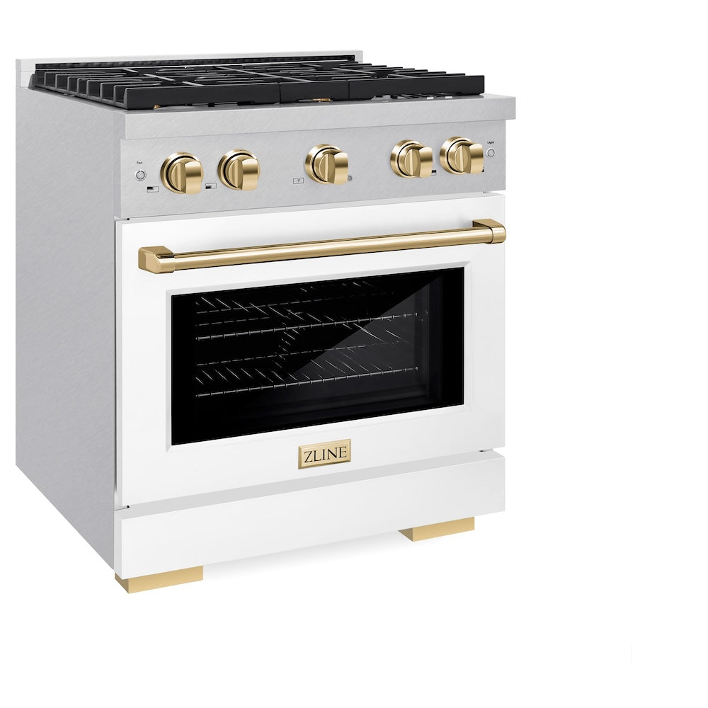 ZLINE Autograph Edition 30 in. 4.2 cu. ft. 4 Burner Paramount Gas Range with Convection Gas Oven in Satin Stainless Steel with White Matte Door and Polished Gold Accents (SGRSZ-WM-30-G)