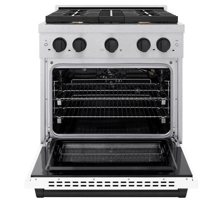 ZLINE Autograph Edition 30 in. 4.2 cu. ft. Paramount Gas Range with 4 Burner Cooktop and Convection Gas Oven in Satin Stainless Steel with White Matte Door and Matte Black Accents (SGRSZ-WM-30-MB)