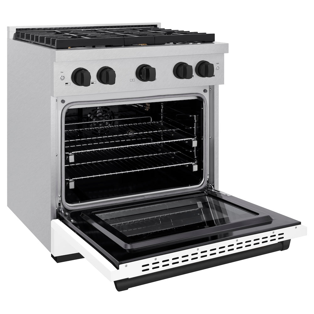 ZLINE Autograph Edition 30 in. 4.2 cu. ft. Paramount Gas Range with 4 Burner Cooktop and Convection Gas Oven in Satin Stainless Steel with White Matte Door and Matte Black Accents (SGRSZ-WM-30-MB)
