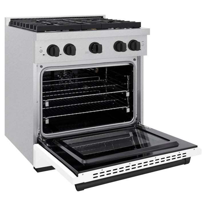 ZLINE Autograph Edition 30 in. 4.2 cu. ft. Paramount Gas Range with 4 Burner Cooktop and Convection Gas Oven in Satin Stainless Steel with White Matte Door and Matte Black Accents (SGRSZ-WM-30-MB)