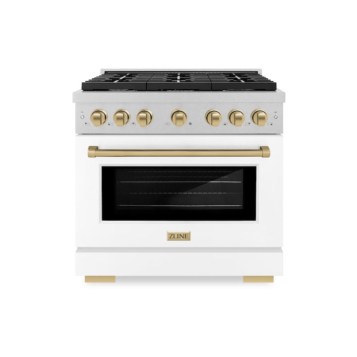 ZLINE Autograph Edition 36 in. 5.2 cu. ft. Paramount Gas Range with 6 Burner Cooktop and Convection Gas Oven in Satin Stainless Steel with White Matte Door and Champagne Bronze Accents (SGRSZ-WM-36-CB)