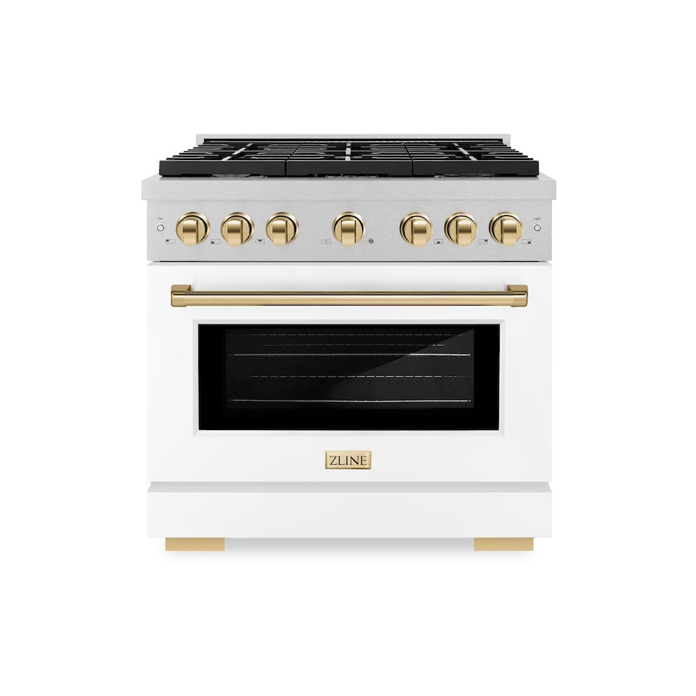 ZLINE Autograph Edition 36 in. 5.2 cu. ft. Paramount Gas Range with 6 Burner Cooktop and Convection Gas Oven in Satin Stainless Steel with White Matte Door and Polished Gold Accents (SGRSZ-WM-36-G)