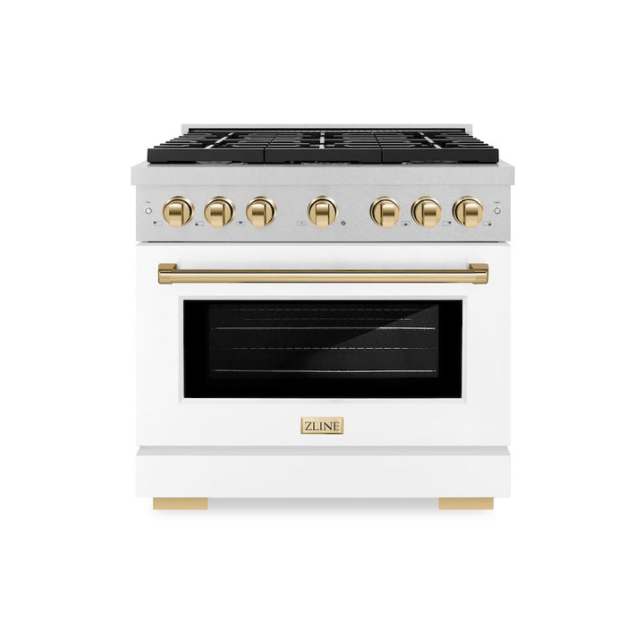 ZLINE Autograph Edition 36 in. 5.2 cu. ft. Paramount Gas Range with 6 Burner Cooktop and Convection Gas Oven in Satin Stainless Steel with White Matte Door and Polished Gold Accents (SGRSZ-WM-36-G)
