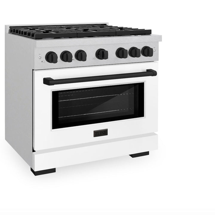 ZLINE Autograph Edition 36 in. 5.2 cu. ft. Paramount Gas Range with 6 Burner Cooktop and Convection Gas Oven in Satin Stainless Steel with White Matte Door and Matte Black Accents (SGRSZ-WM-36-MB)
