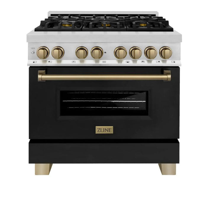 ZLINE Autograph Edition 36" &amp; 48" Legacy Dual Fuel Ranges in Stainless Steel with Black Matte Doors and Champagne Bronze or Polished Gold Accents