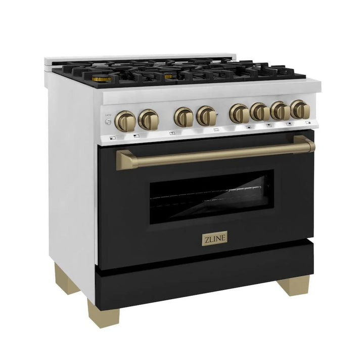 ZLINE Autograph Edition 36" &amp; 48" Legacy Dual Fuel Ranges in Stainless Steel with Black Matte Doors and Champagne Bronze or Polished Gold Accents