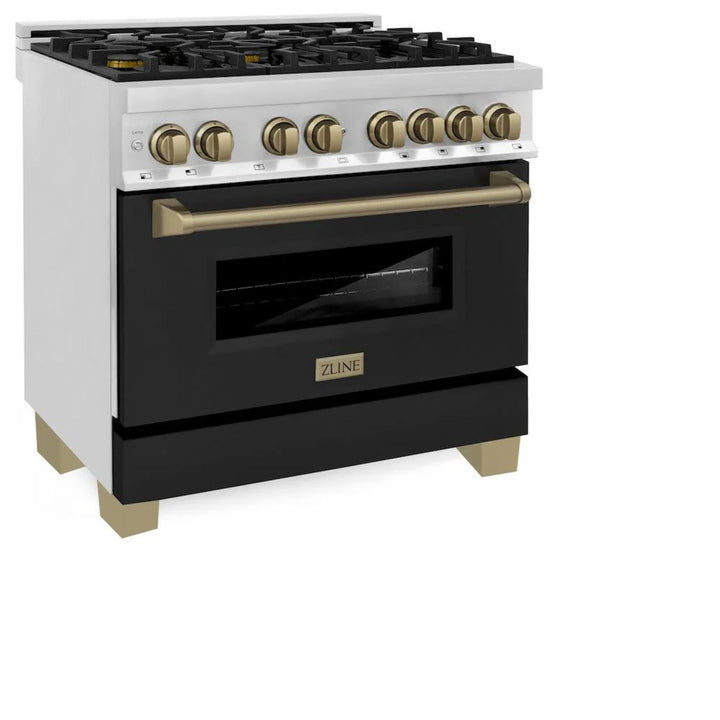 ZLINE Autograph Edition 36" &amp; 48" Legacy Dual Fuel Ranges in Stainless Steel with Black Matte Doors and Champagne Bronze or Polished Gold Accents