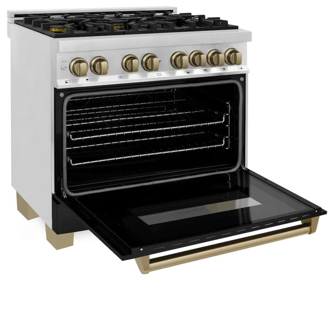 ZLINE Autograph Edition 36" &amp; 48" Legacy Dual Fuel Ranges in Stainless Steel with Black Matte Doors and Champagne Bronze or Polished Gold Accents