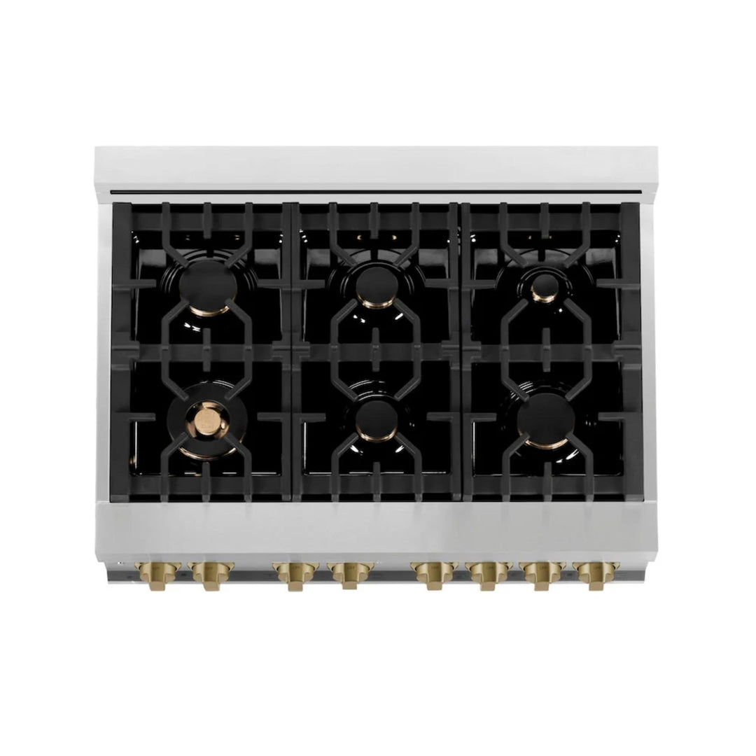 ZLINE Autograph Edition 36" &amp; 48" Legacy Dual Fuel Ranges in Stainless Steel with Black Matte Doors and Champagne Bronze or Polished Gold Accents