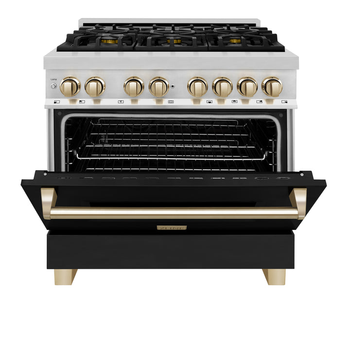 ZLINE Autograph 36" 4.6 cu. ft. Dual Fuel Range with Black Matte Door and Gold Accents, RAZ-BLM-36-G