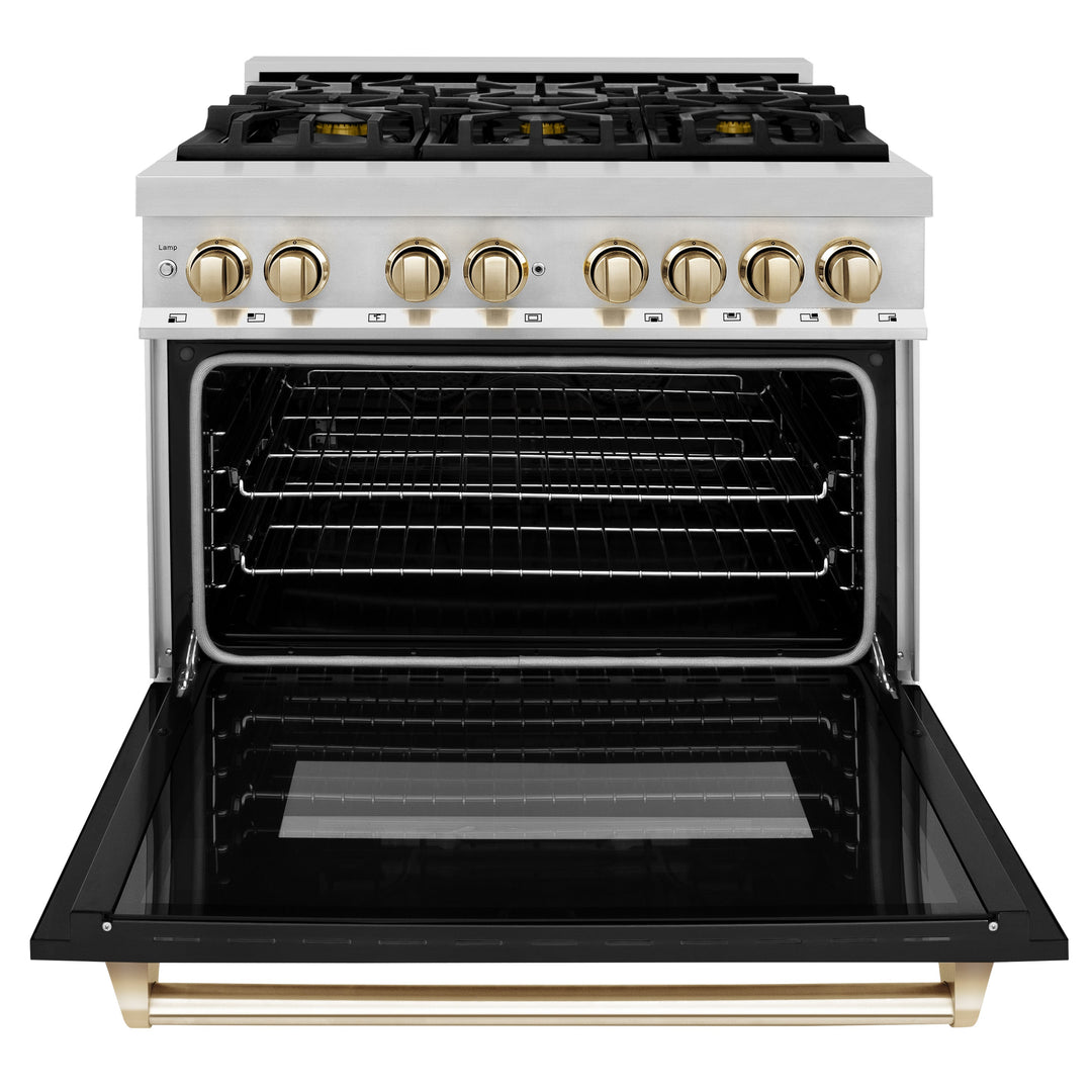 ZLINE Autograph 36" 4.6 cu. ft. Dual Fuel Range with Black Matte Door and Gold Accents, RAZ-BLM-36-G