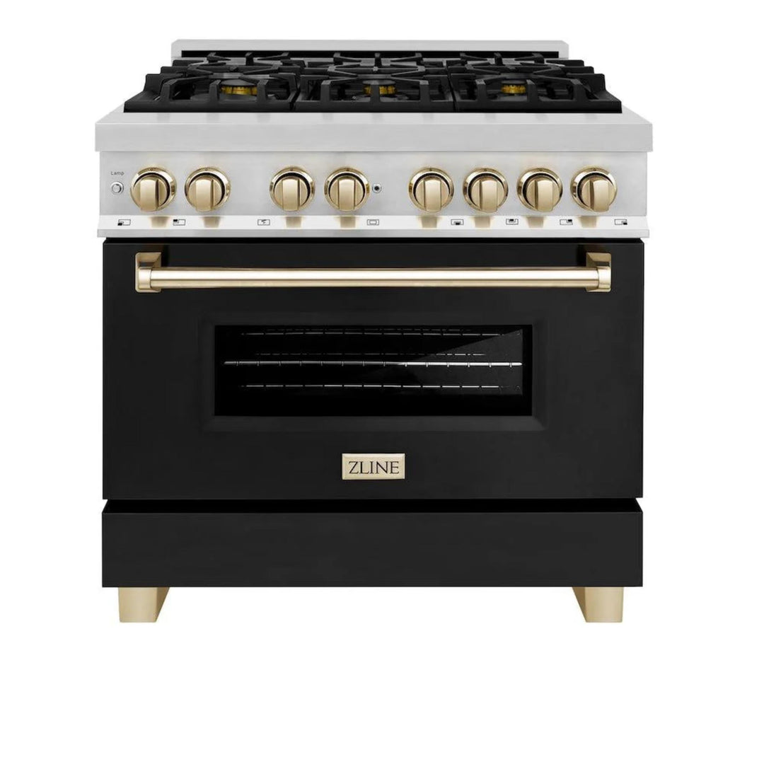 ZLINE Autograph Edition 36" &amp; 48" Legacy Dual Fuel Ranges in Stainless Steel with Black Matte Doors and Champagne Bronze or Polished Gold Accents