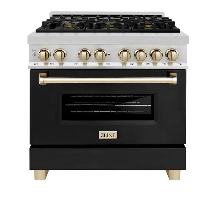 ZLINE Autograph Edition 36" &amp; 48" Legacy Dual Fuel Ranges in Stainless Steel with Black Matte Doors and Champagne Bronze or Polished Gold Accents