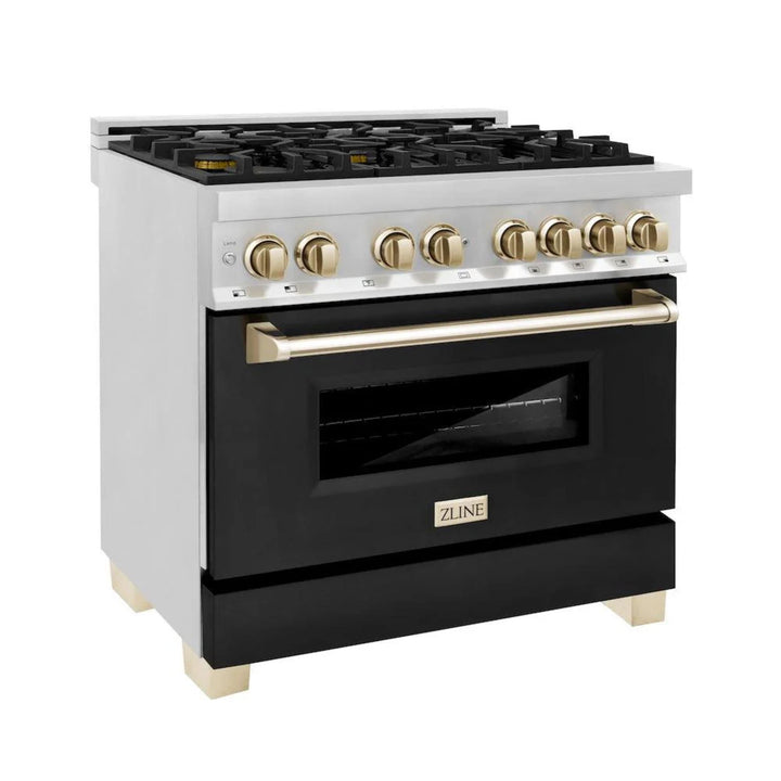 ZLINE Autograph Edition 36" &amp; 48" Legacy Dual Fuel Ranges in Stainless Steel with Black Matte Doors and Champagne Bronze or Polished Gold Accents