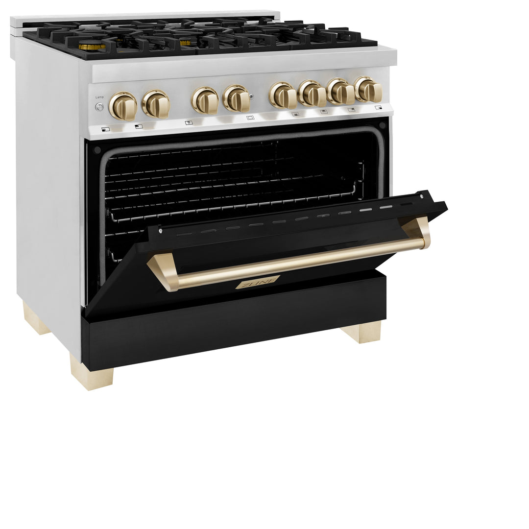 ZLINE Autograph 36" 4.6 cu. ft. Dual Fuel Range with Black Matte Door and Gold Accents, RAZ-BLM-36-G